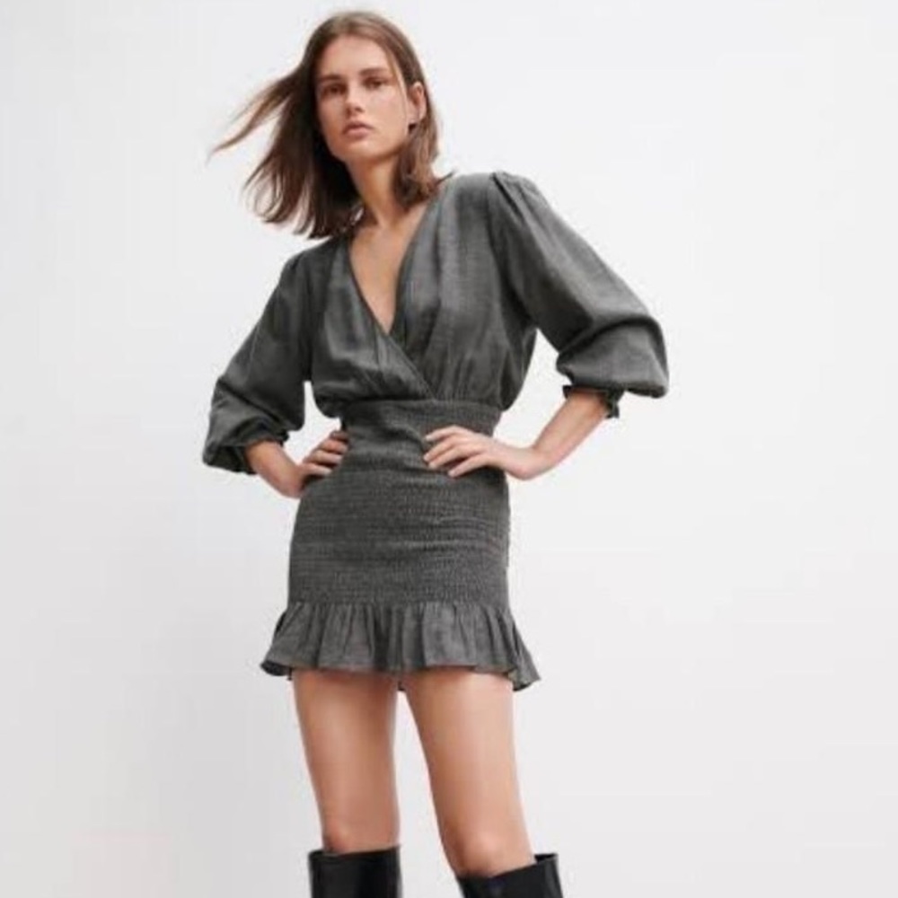 Zara smocked mini dress anthracite gray size XS